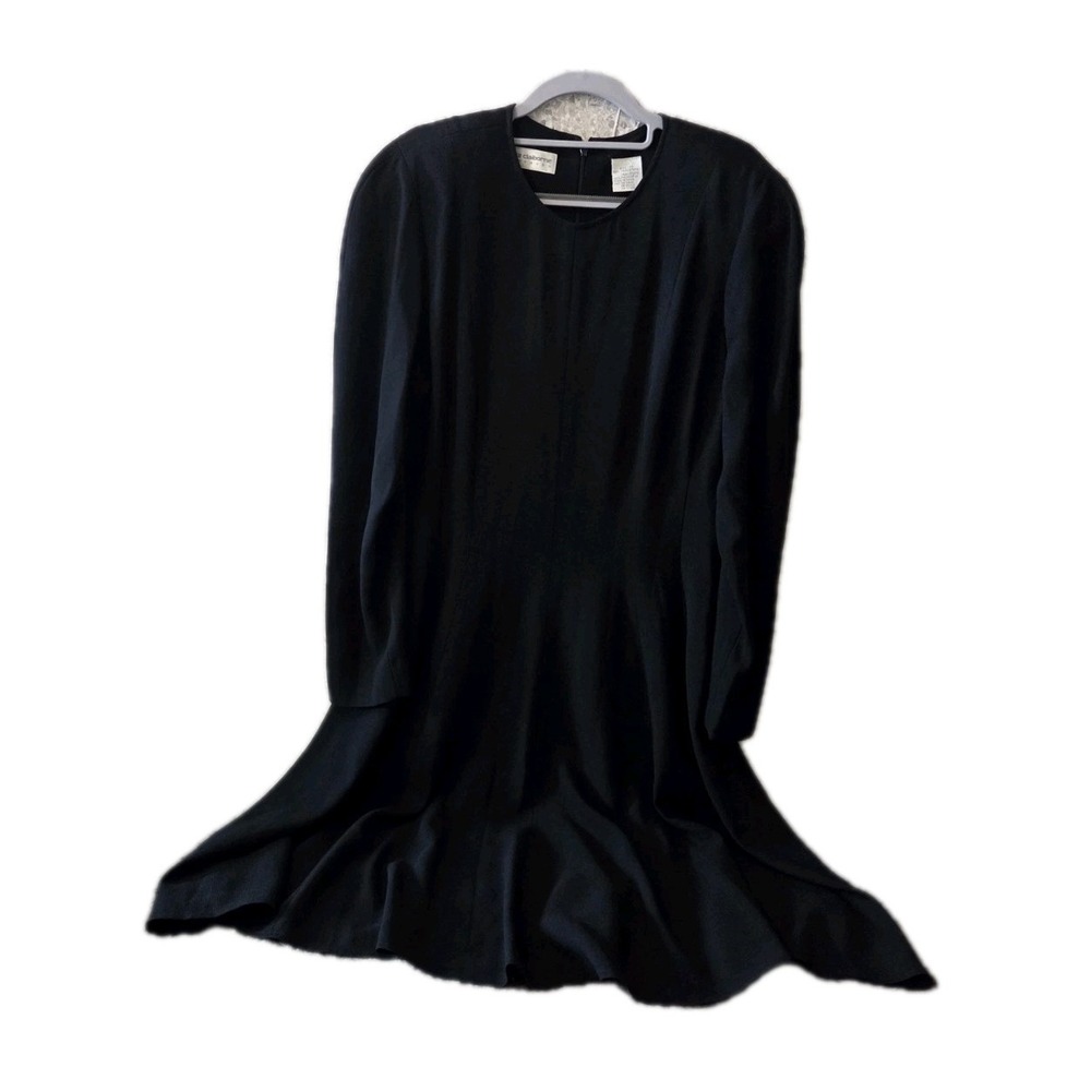 Vtg Liz Claibone Black Long Sleeve Midi Dress Size 14 Flowy‎ Trapeze